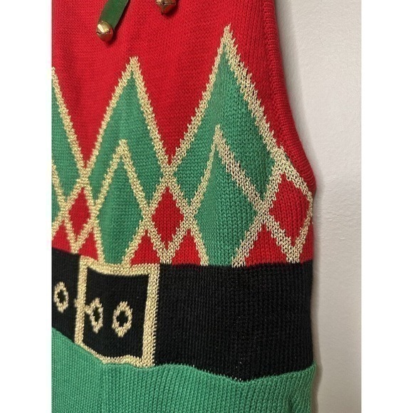 It’s Our Time Holiday Sleeveless Jumpsuit Size Small Red green White Bells Bow - Picture 4 of 16